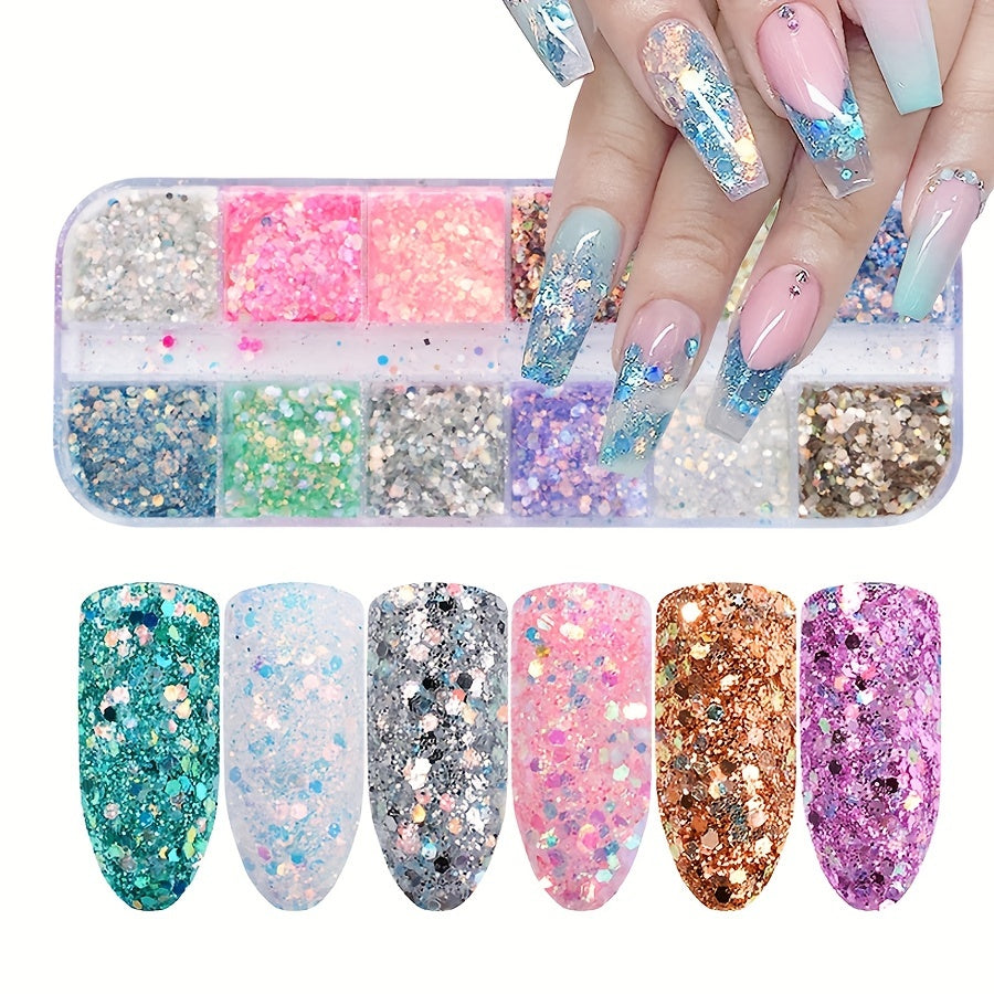 12 Grids of Gradient Candy-Colored Mermaid Flake Glitter Hexagonal Sequins Powder for 3D Nail Art Decoration Tips